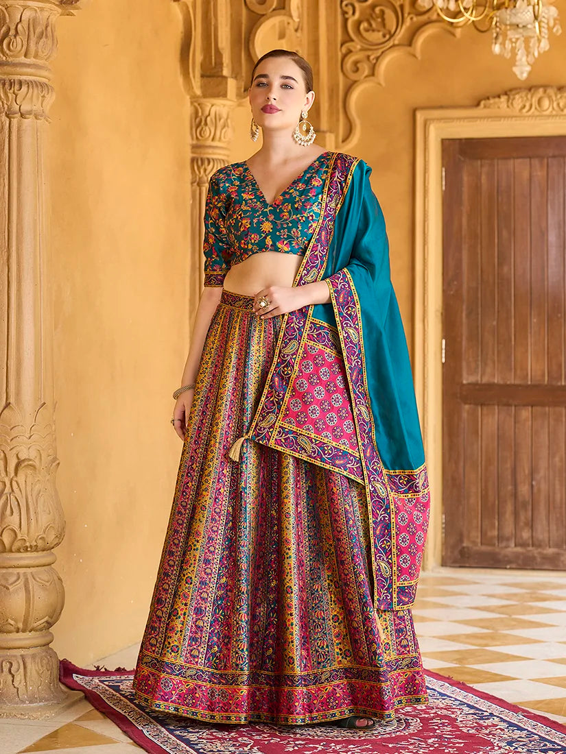 Turquoise Jacquard Woven Stripe Lehenga Choli, front