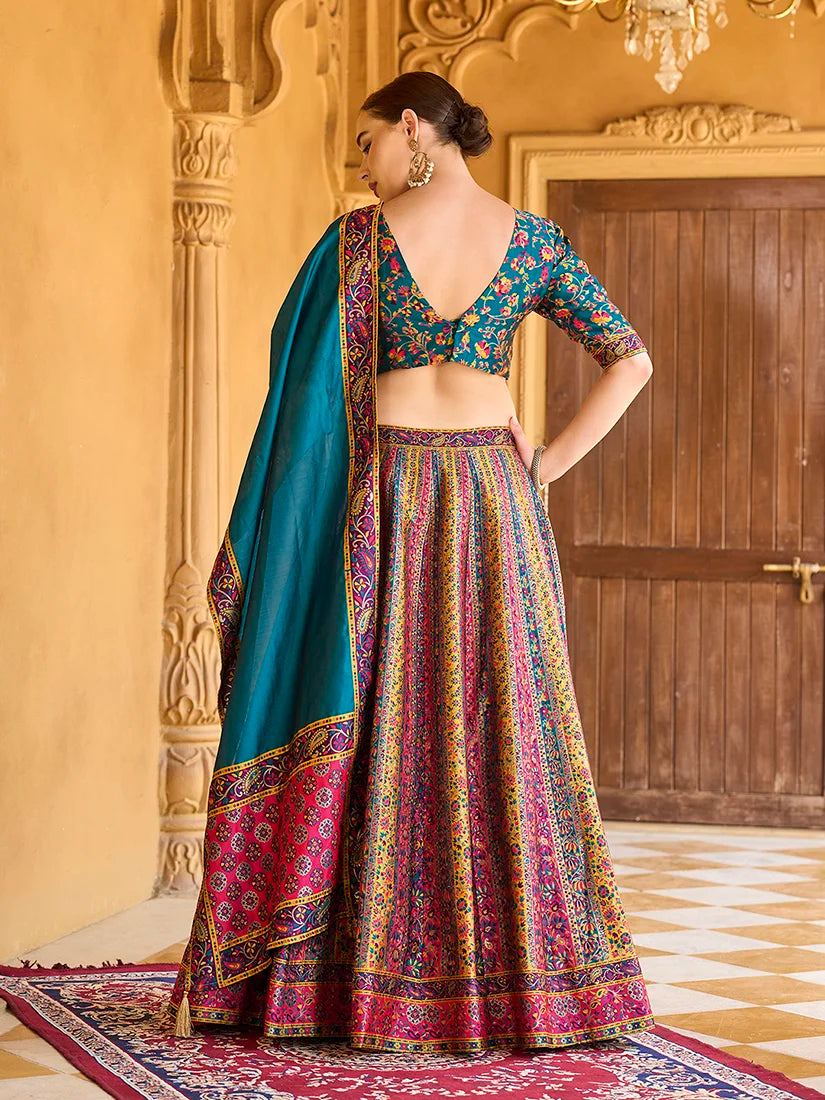 Turquoise Jacquard Woven Stripe Lehenga Choli, back