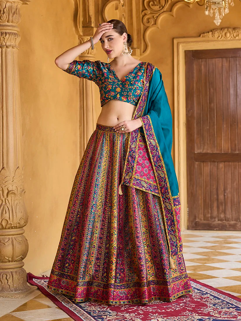 Turquoise Jacquard Woven Stripe Lehenga Choli, styled on model
