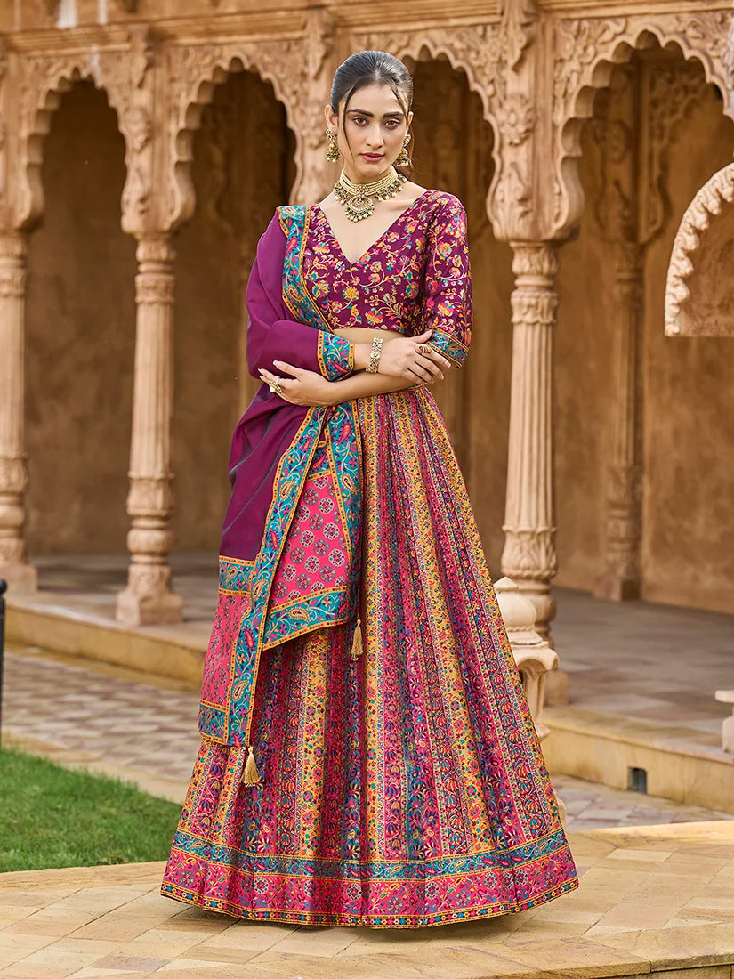 Wine Jacquard Woven Stripe Lehenga Choli, front