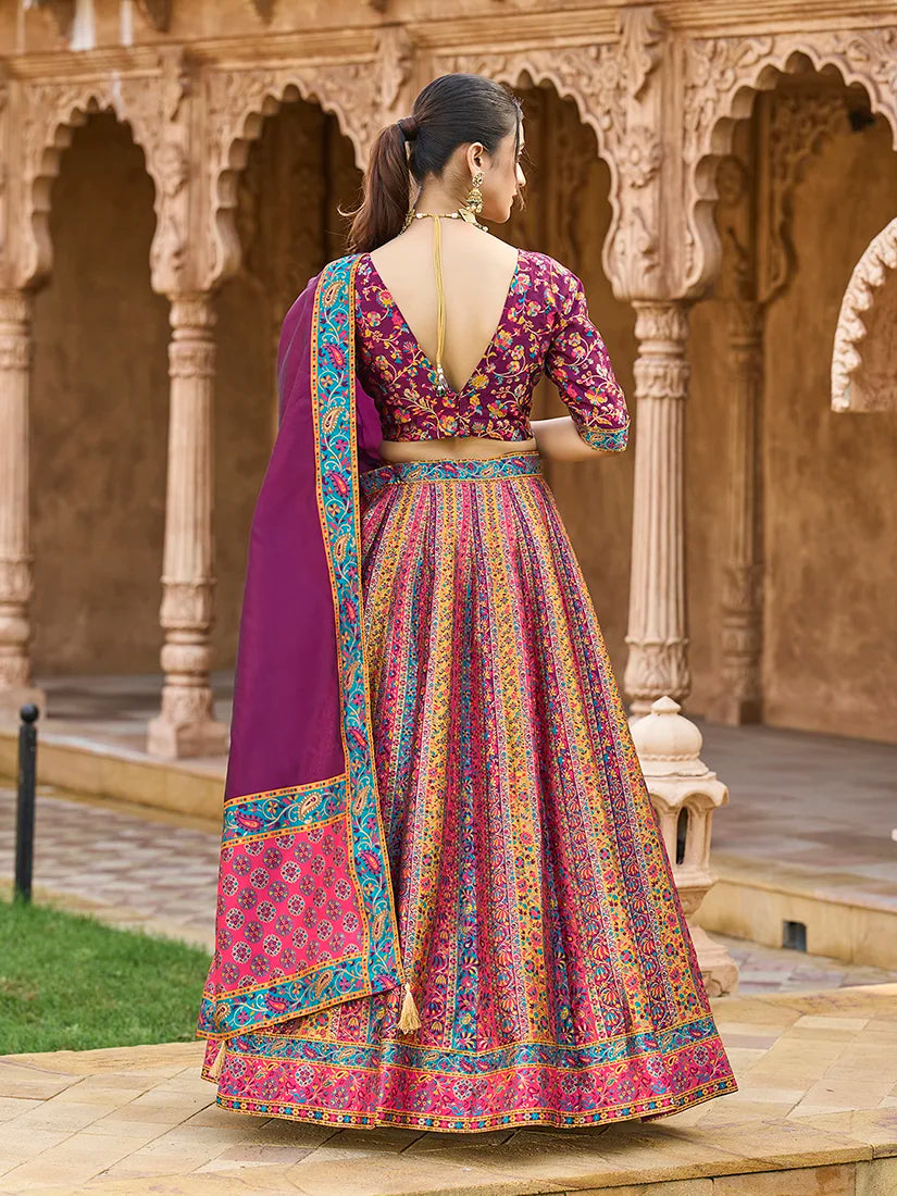 Wine Jacquard Woven Stripe Lehenga Choli, back