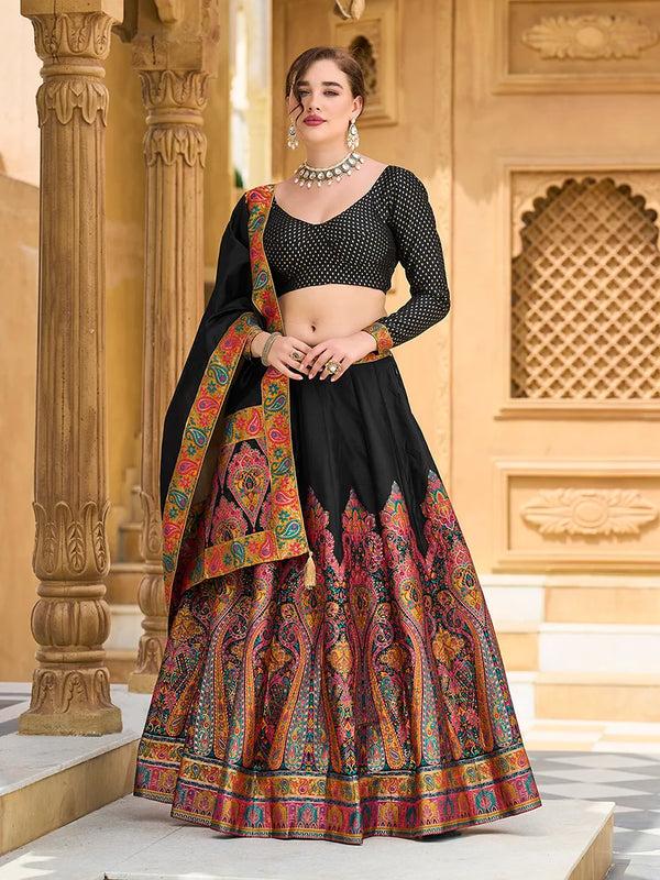 Black Jacquard Paisley Panel Lehenga Choli, front