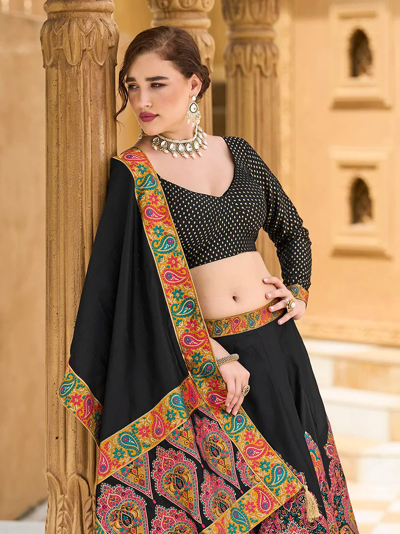 Black Jacquard Paisley Panel Lehenga Choli, choli and dupatta detail