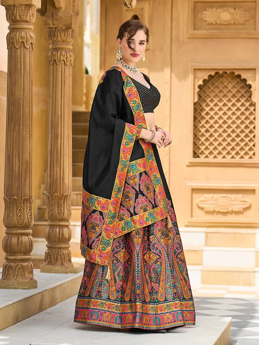 Black Jacquard Paisley Panel Lehenga Choli, styled on model