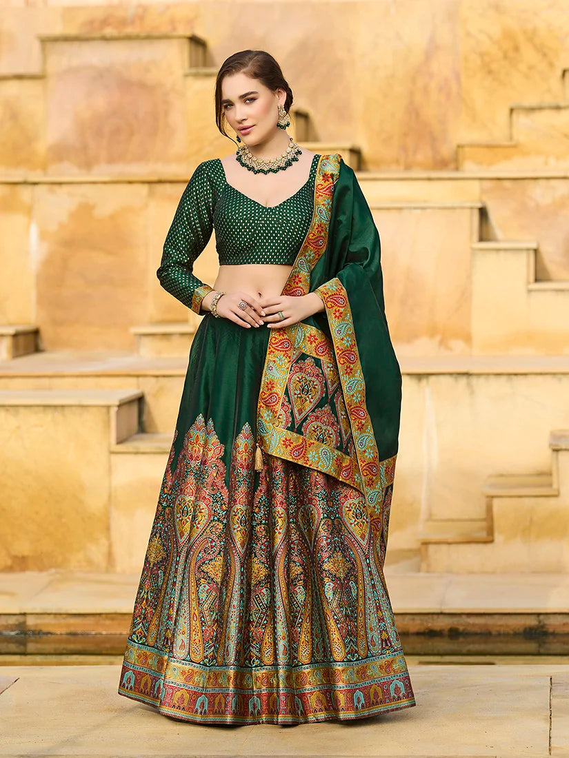 Dark Green Jacquard Paisley Panel Lehenga Choli, front