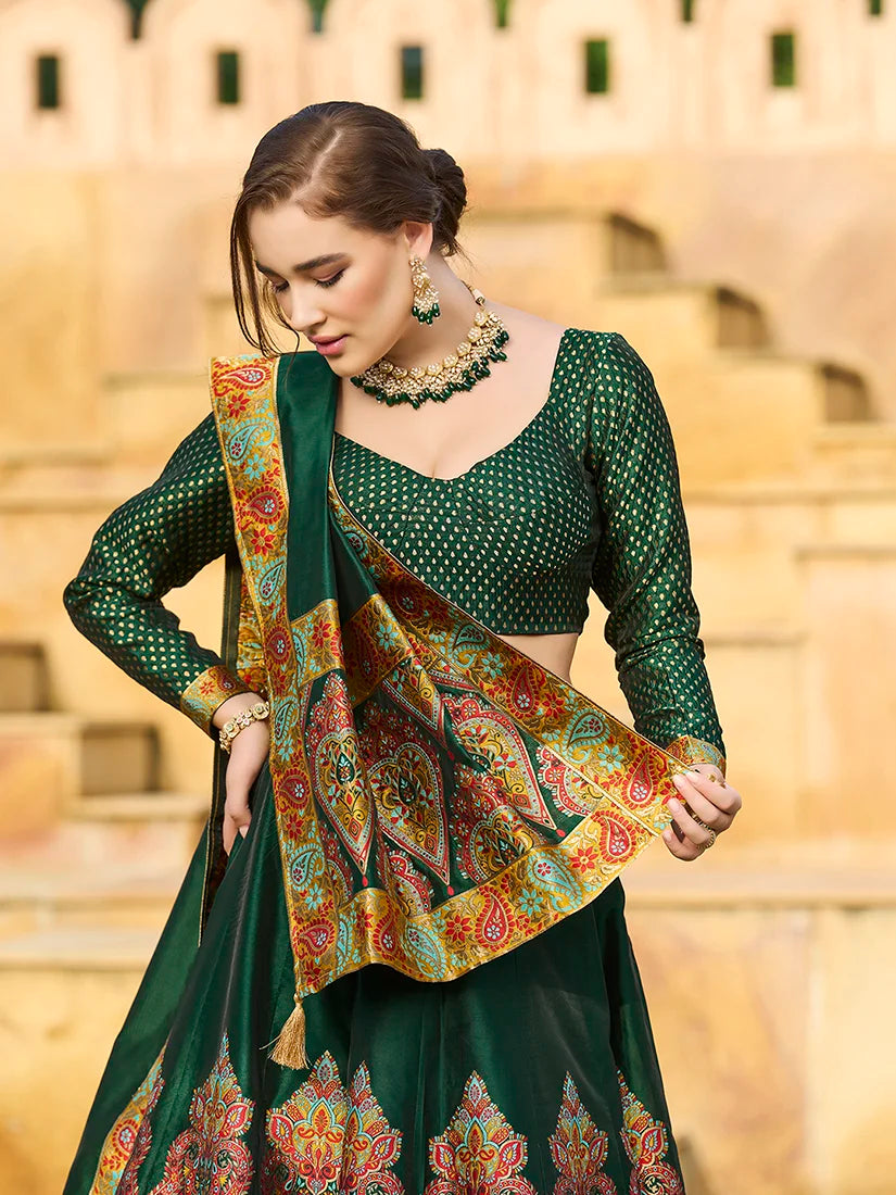 Dark Green Jacquard Paisley Panel Lehenga Choli, choli and dupatta detail