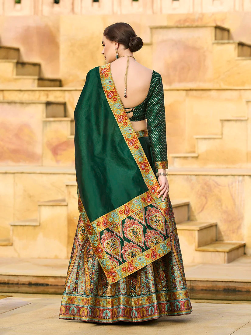 Dark Green Jacquard Paisley Panel Lehenga Choli, back