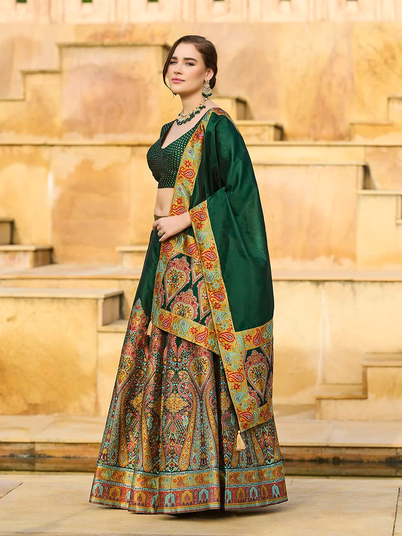 Dark Green Jacquard Paisley Panel Lehenga Choli, styled on model