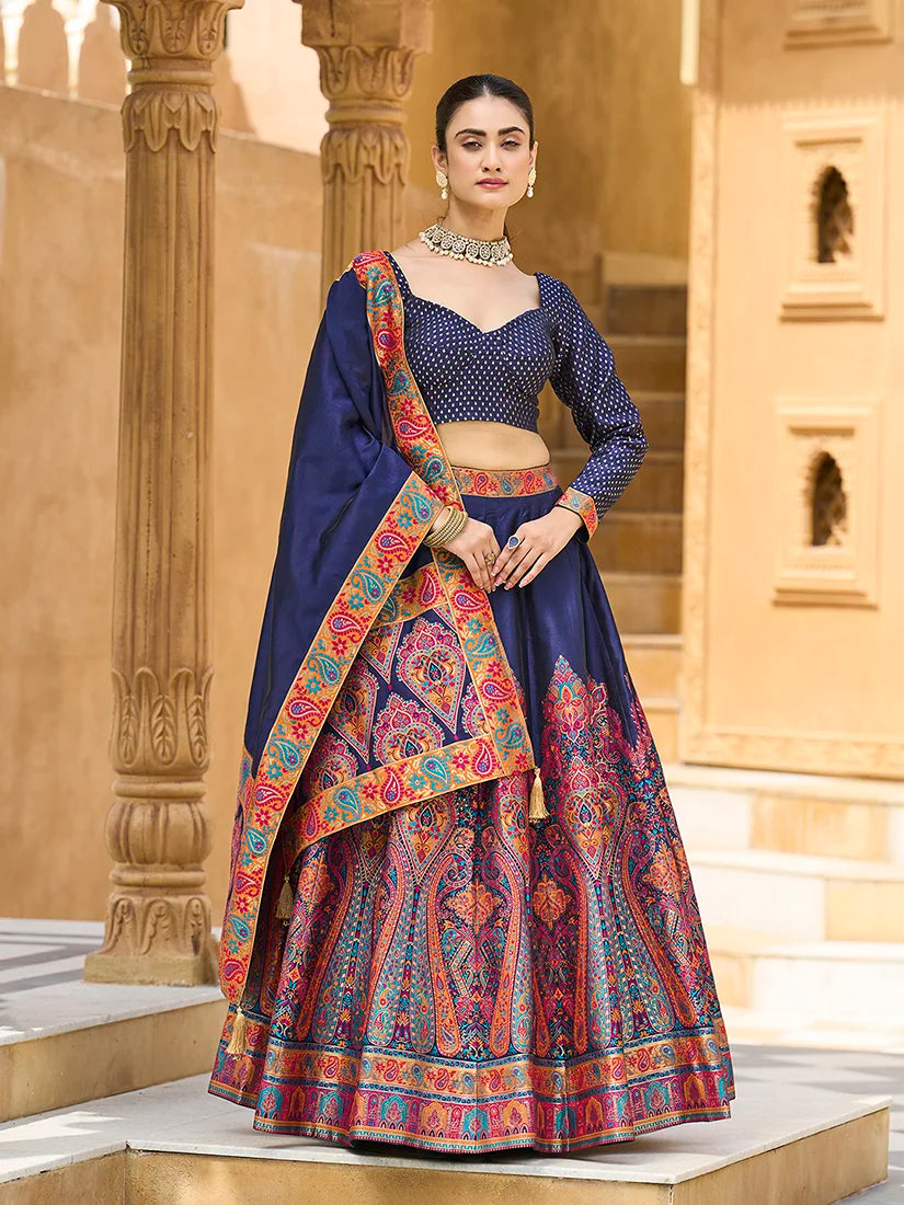 Navy Blue Jacquard Paisley Panel Lehenga Choli, front