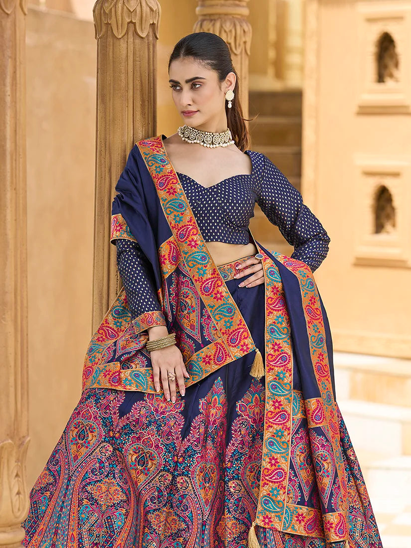 Navy Blue Jacquard Paisley Panel Lehenga Choli, choli and dupatta detail