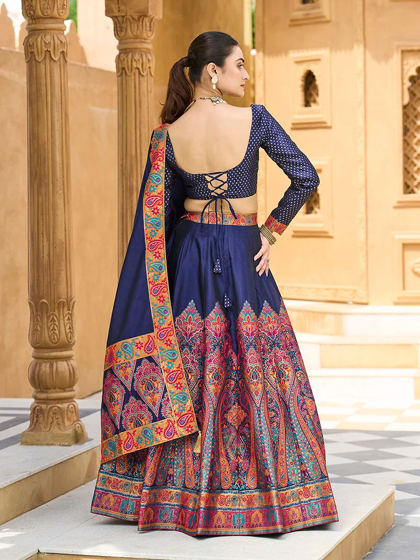 Navy Blue Jacquard Paisley Panel Lehenga Choli, back
