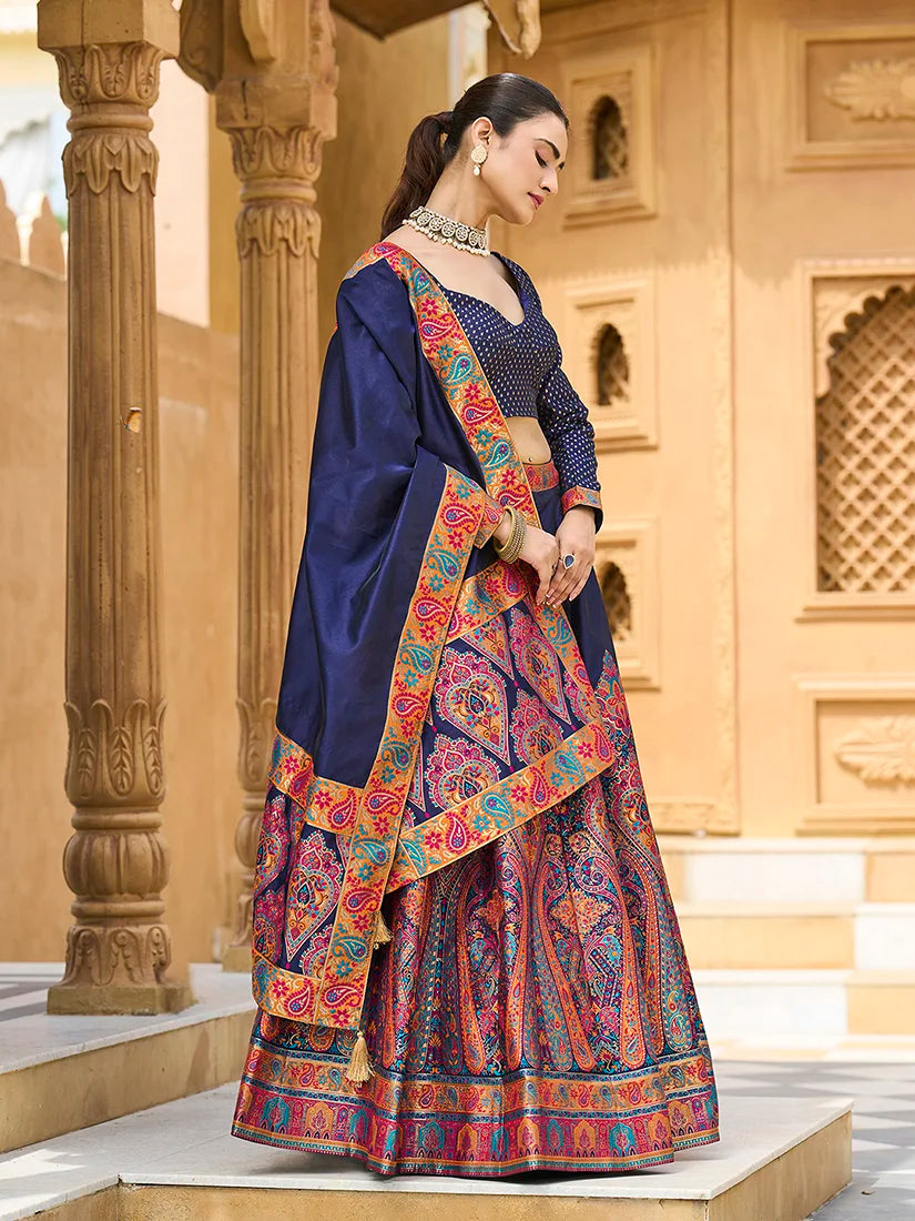 Navy Blue Jacquard Paisley Panel Lehenga Choli, styled on model