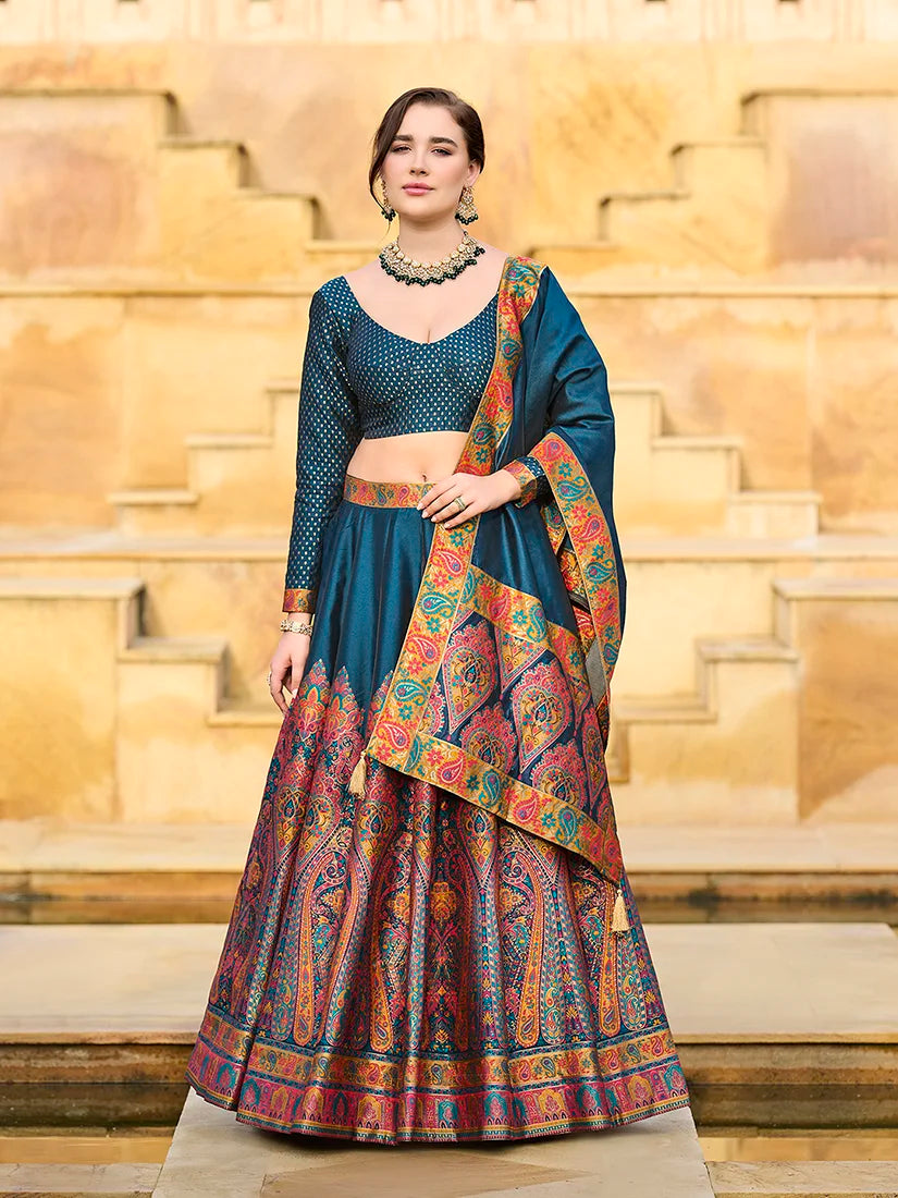 Teal Blue Jacquard Paisley Panel Lehenga Choli, front