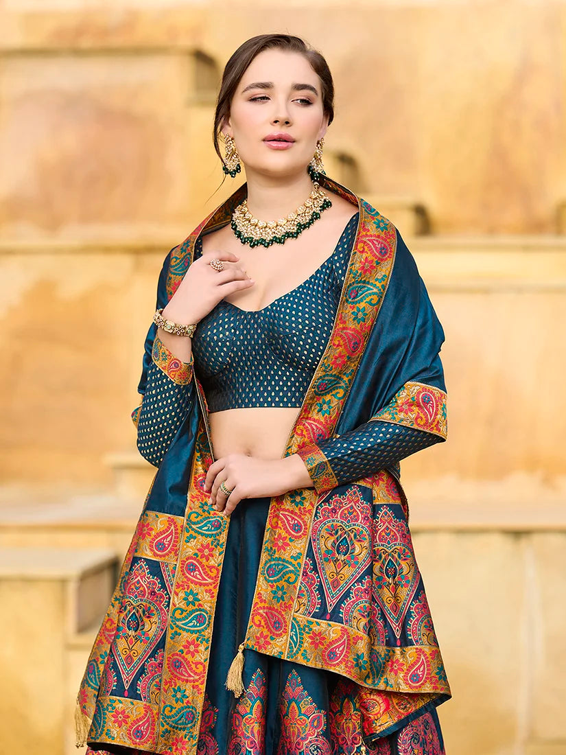 Teal Blue Jacquard Paisley Panel Lehenga Choli, choli and dupatta detail
