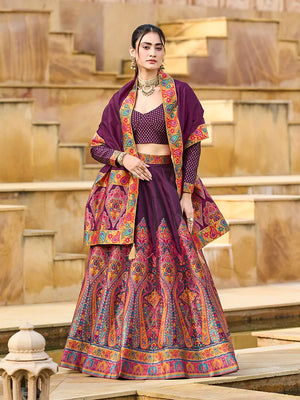 Wine Jacquard Paisley Panel Lehenga Choli