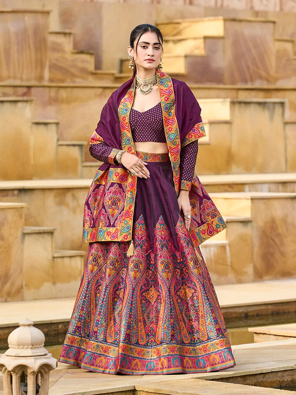 Wine Jacquard Paisley Panel Lehenga Choli, front