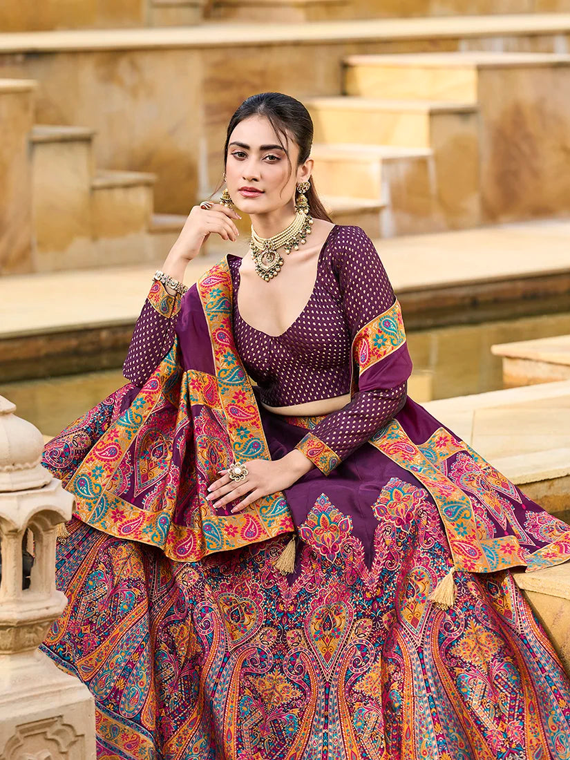 Wine Jacquard Paisley Panel Lehenga Choli, choli and dupatta detail