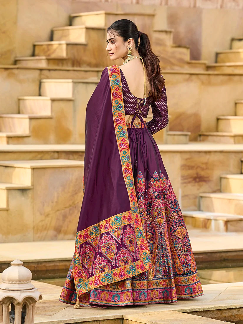 Wine Jacquard Paisley Panel Lehenga Choli, back