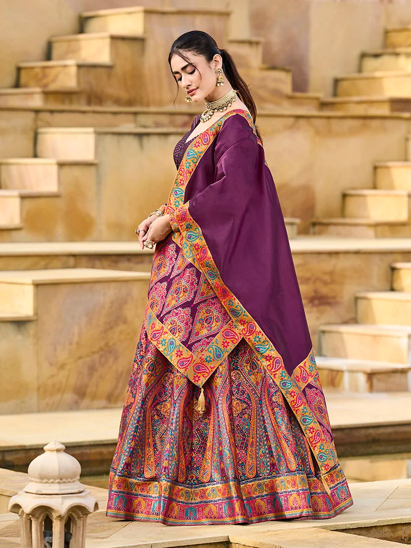 Wine Jacquard Paisley Panel Lehenga Choli, styled on model