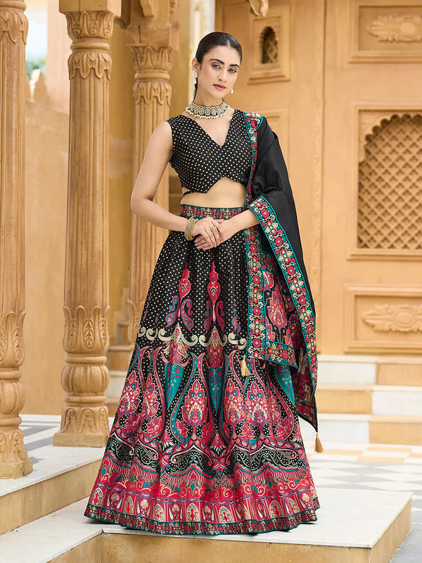 Black Jacquard Woven Buti Lehenga Choli, front