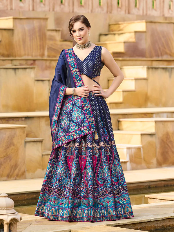 Navy Blue Jacquard Woven Buti Lehenga Choli, front