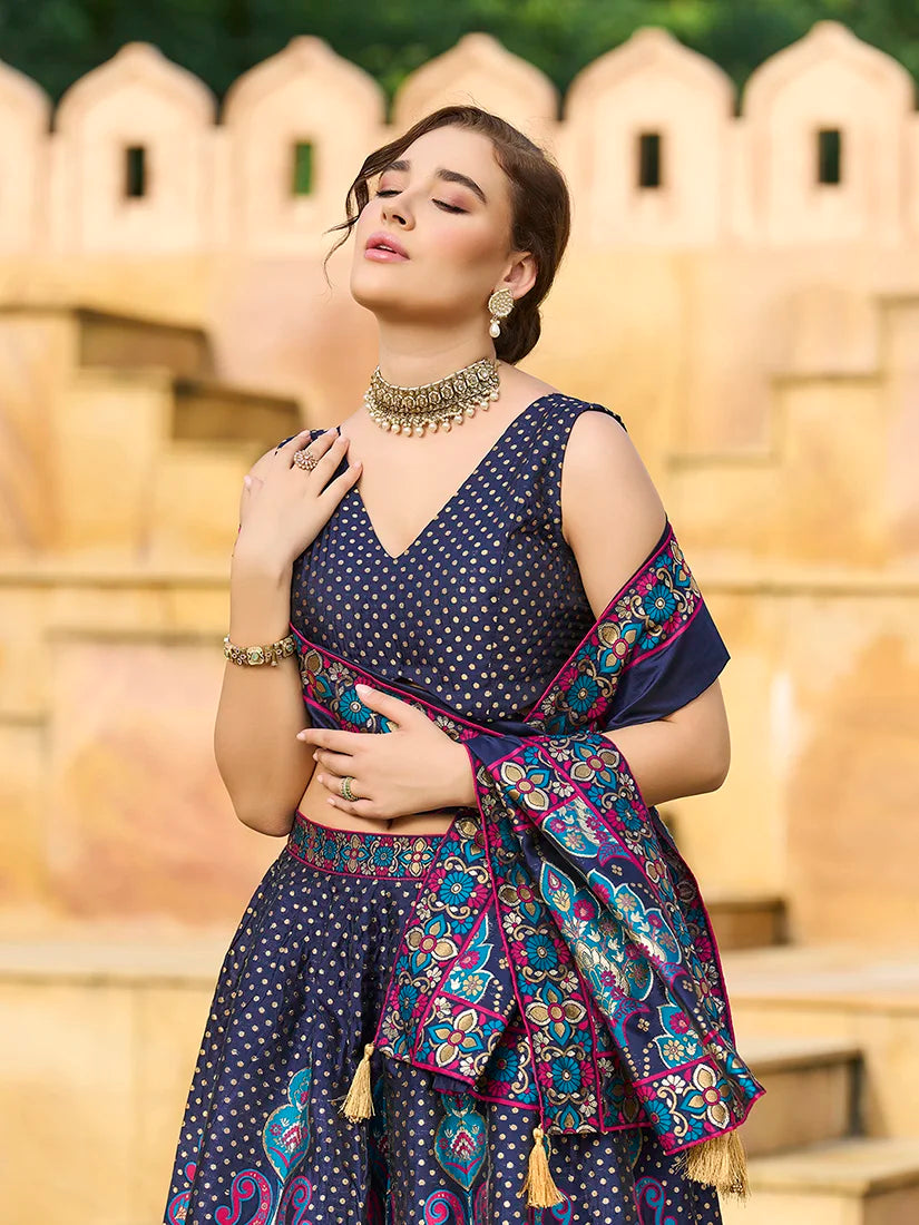 Navy Blue Jacquard Woven Buti Lehenga Choli, choli and dupatta detail