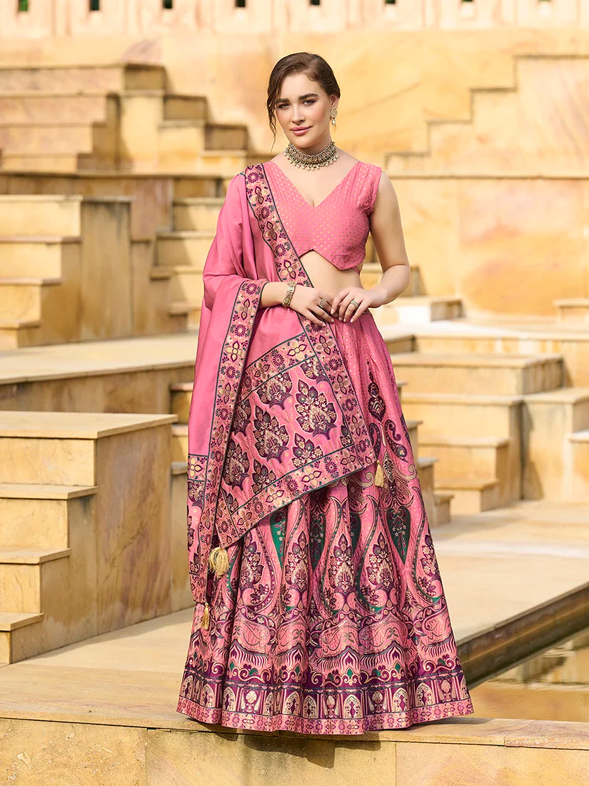 Pink Jacquard Woven Buti Lehenga Choli, front