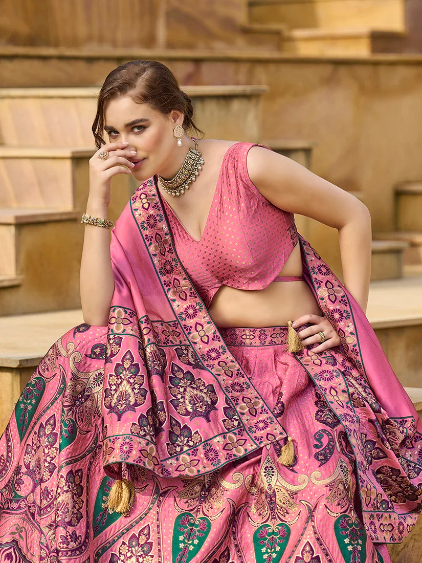 Pink Jacquard Woven Buti Lehenga Choli, choli and dupatta detail