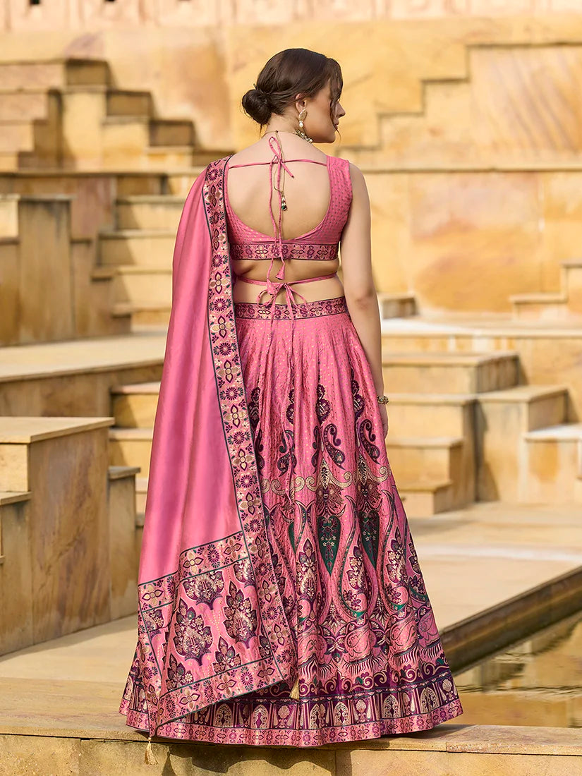 Pink Jacquard Woven Buti Lehenga Choli, back
