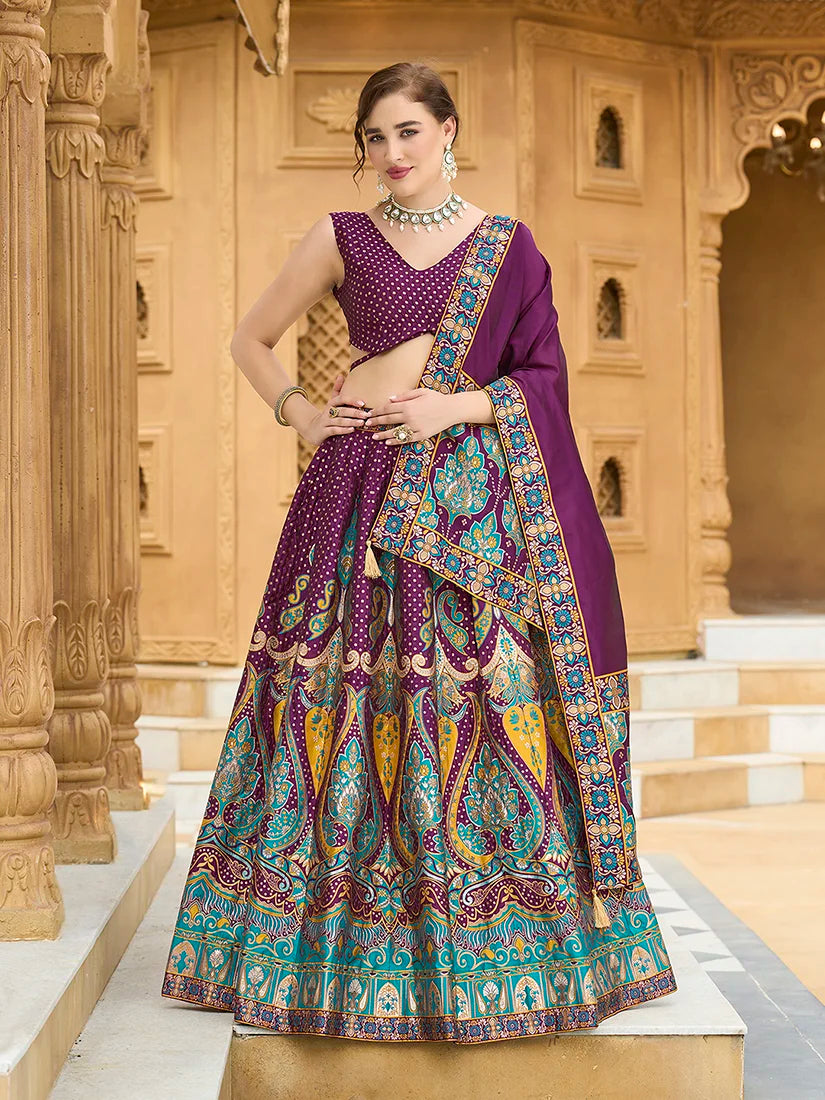Wine Jacquard Woven Buti Lehenga Choli, front