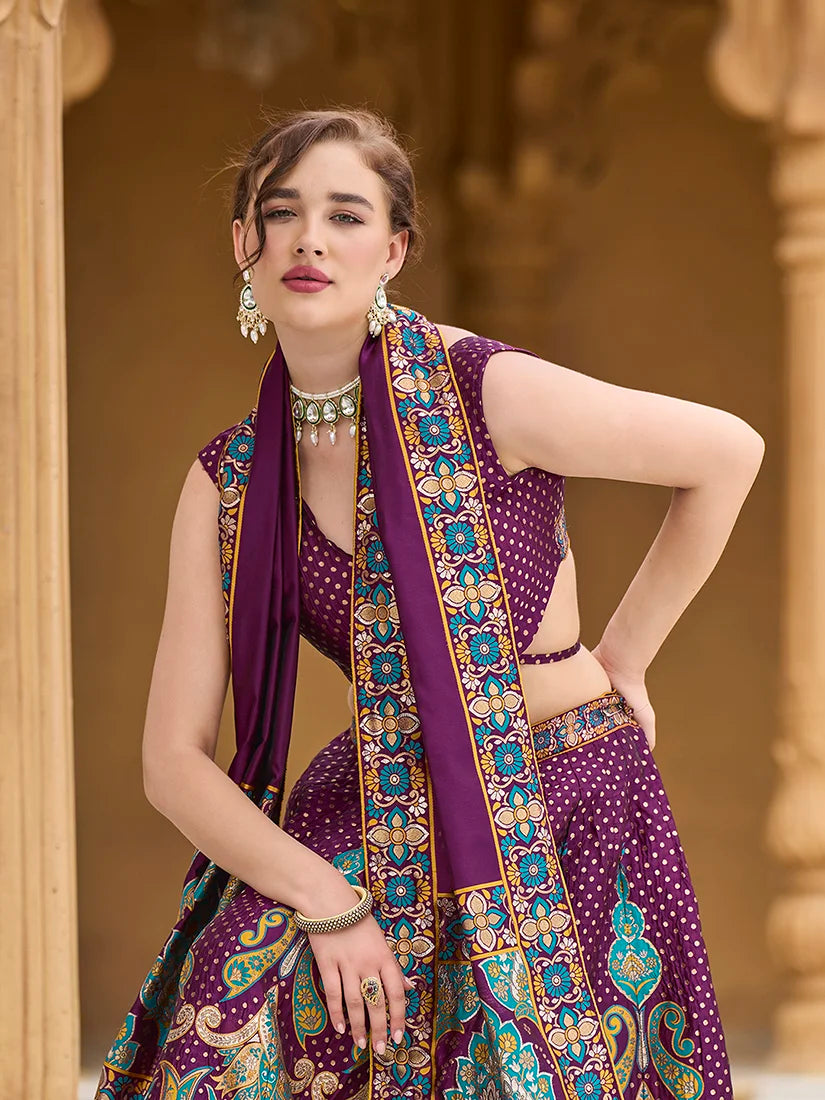Wine Jacquard Woven Buti Lehenga Choli, choli and dupatta detail