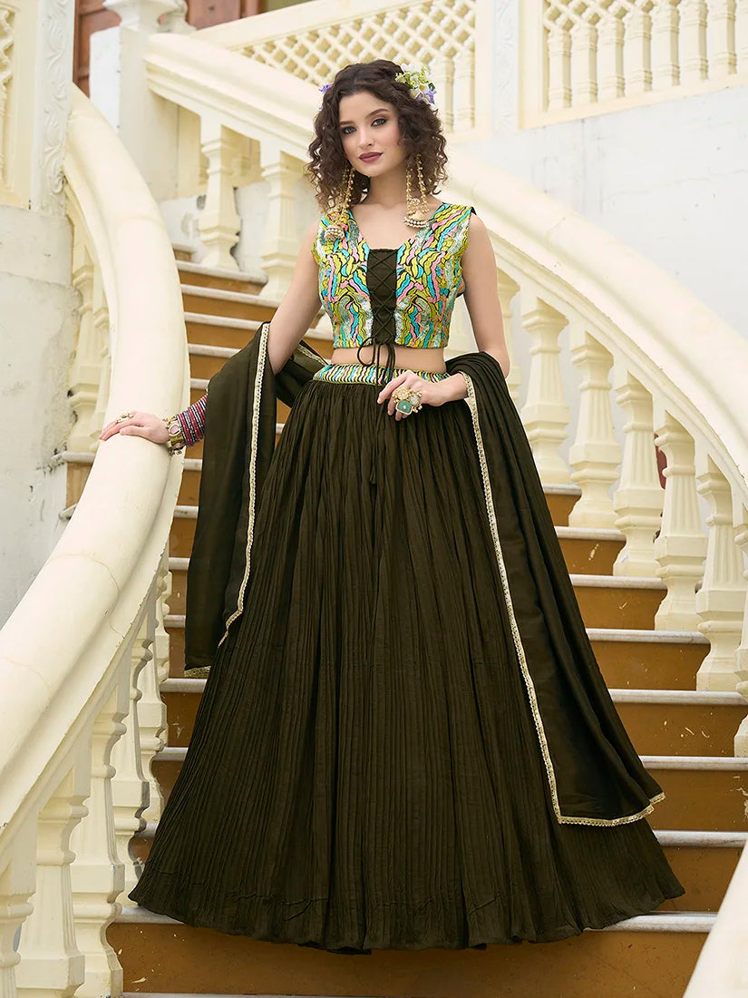 Olive Silk Blend Embroidered Lehenga Choli, front