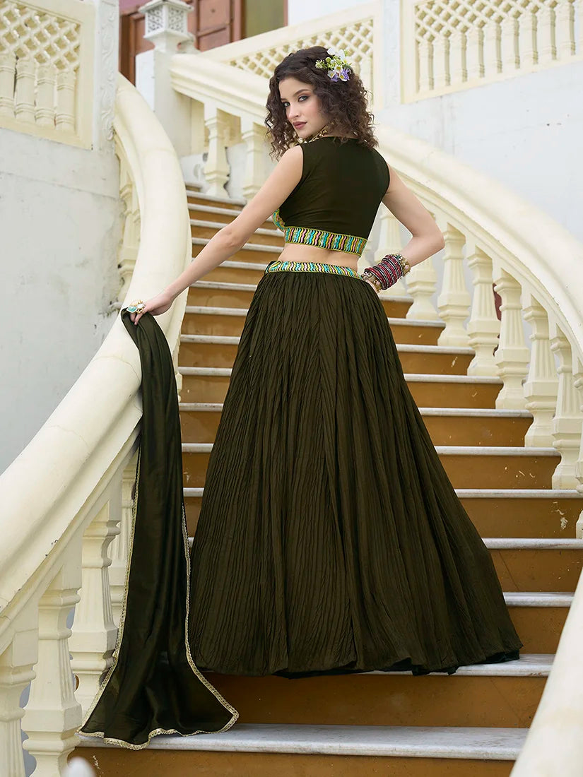 Olive Silk Blend Embroidered Lehenga Choli, back