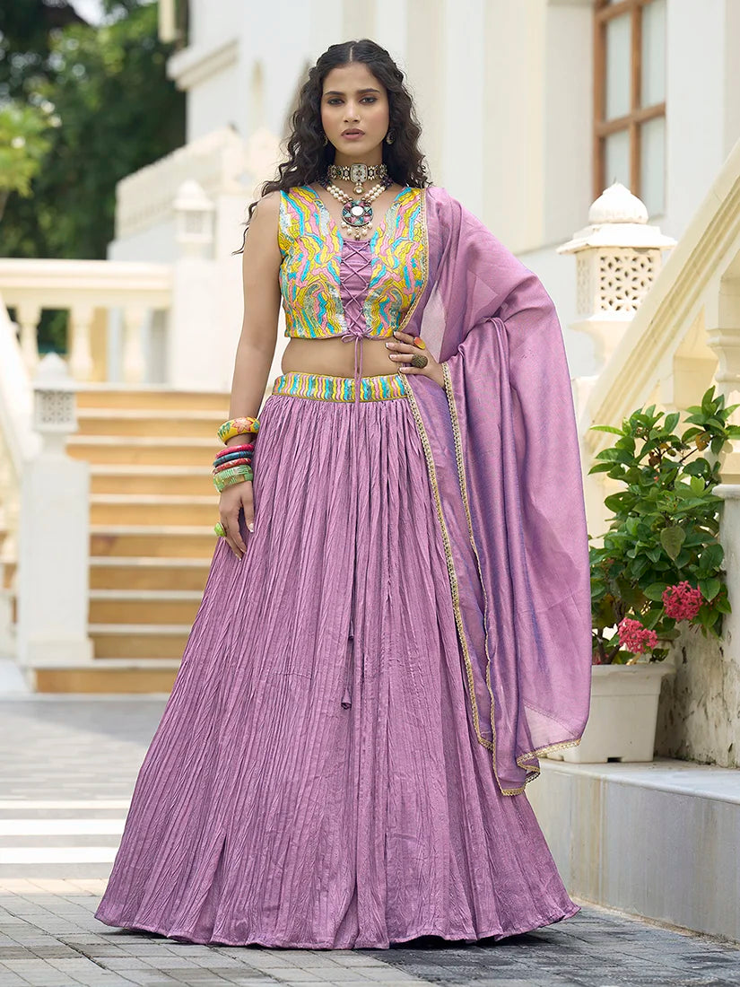 Lavender Silk Blend Embroidered Lehenga Choli, front