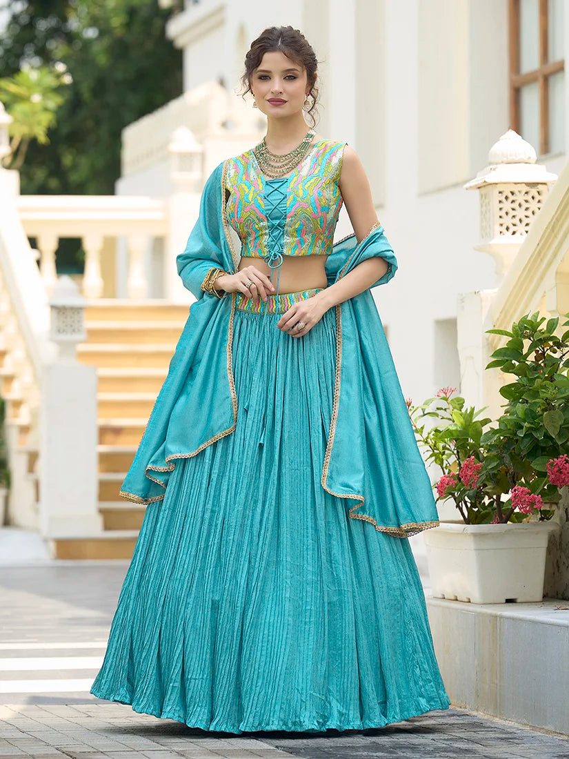 Sky Blue Silk Blend Embroidered Lehenga Choli, front