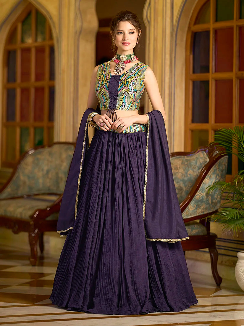 Wine Silk Blend Embroidered Lehenga Choli, front