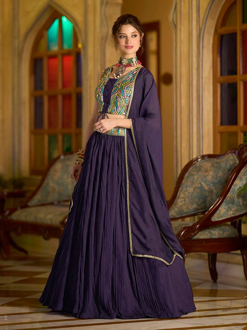 Wine Silk Blend Embroidered Lehenga Choli, styled on model