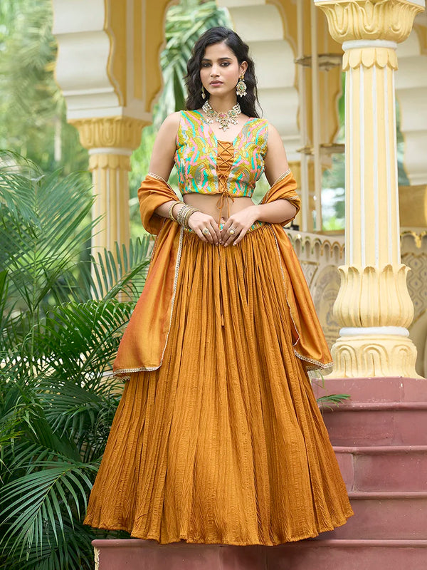 Mustard Silk Blend Embroidered Lehenga Choli, front