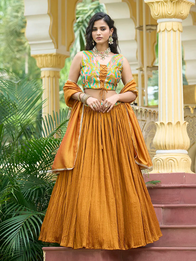 Mustard Silk Blend Embroidered Lehenga Choli, front
