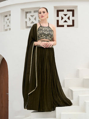 Olive Silk Blend Halter Lehenga Choli