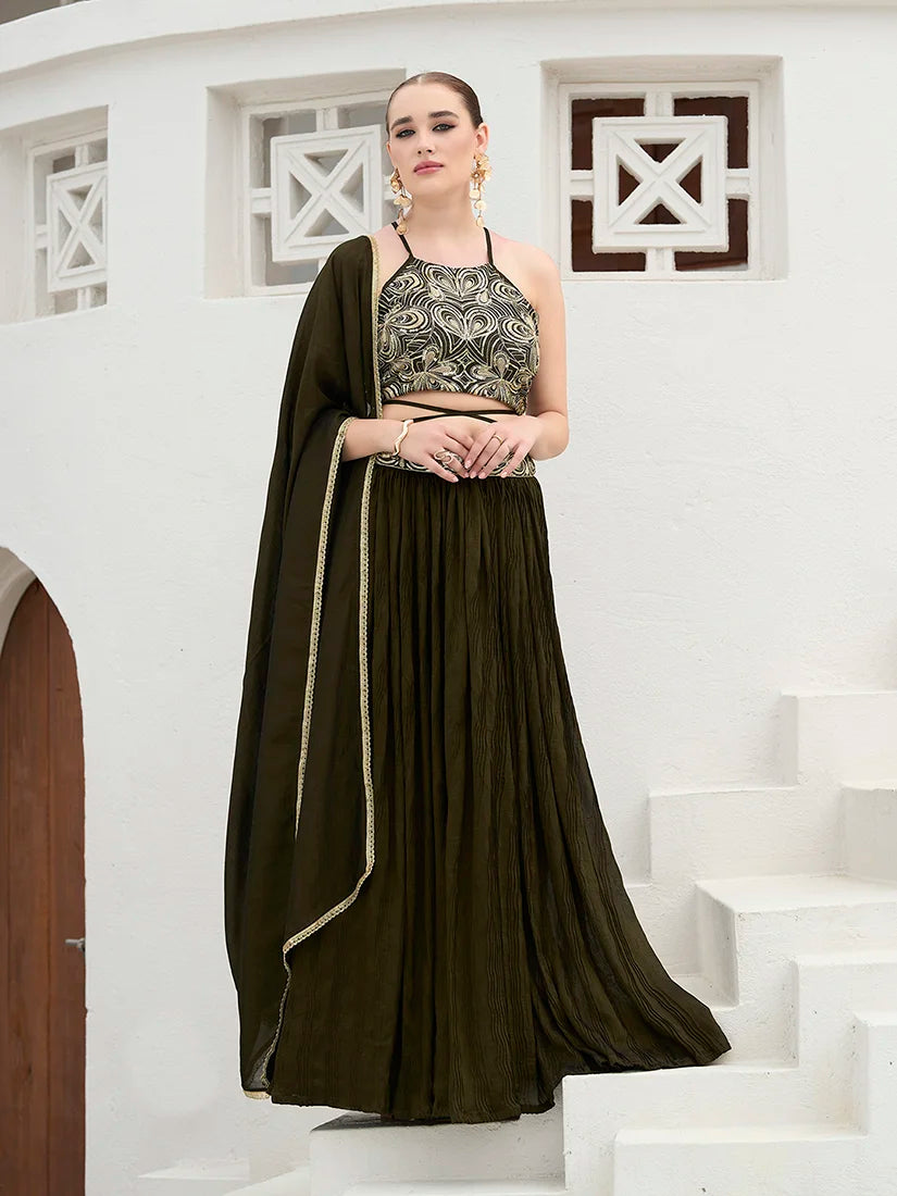 Olive Silk Blend Halter Lehenga Choli, front