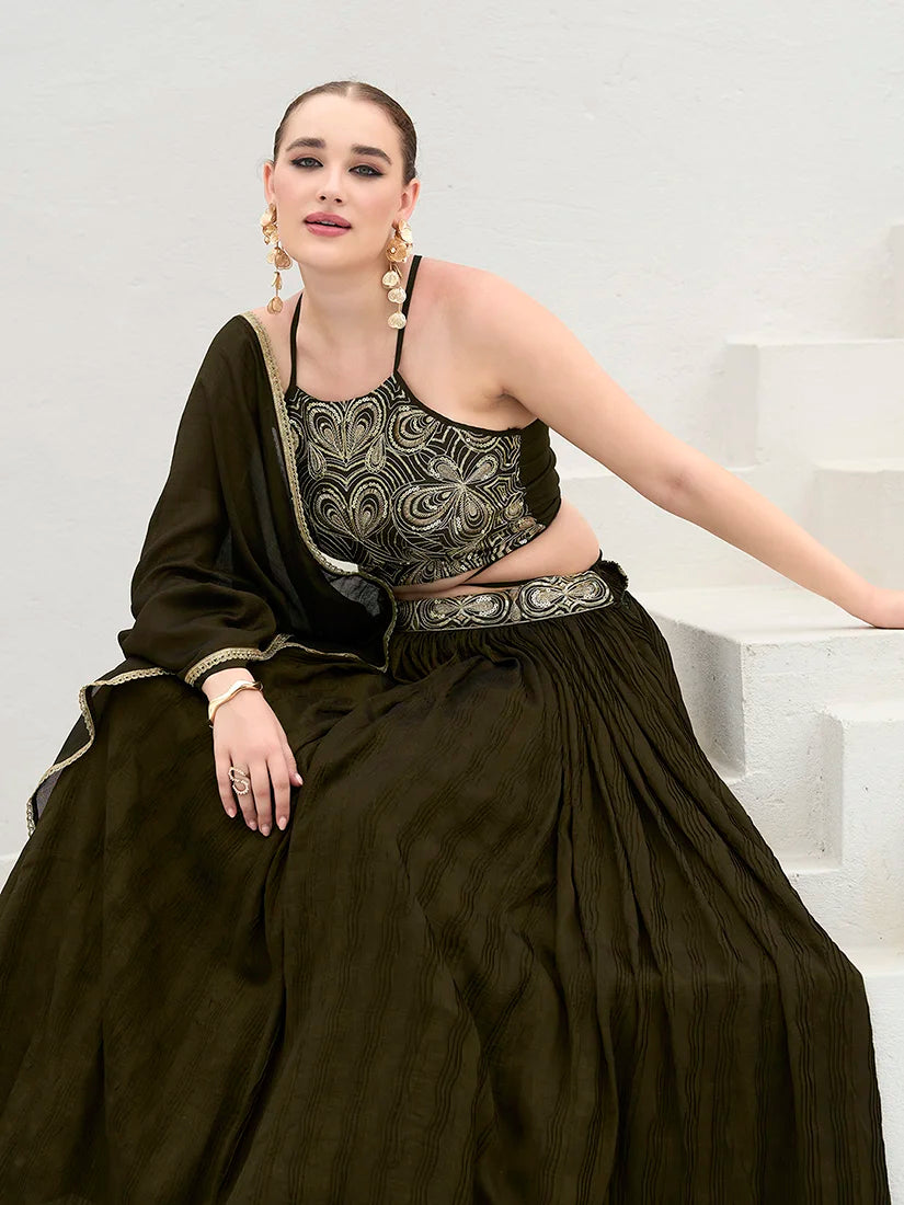 Olive Silk Blend Halter Lehenga Choli, choli detail
