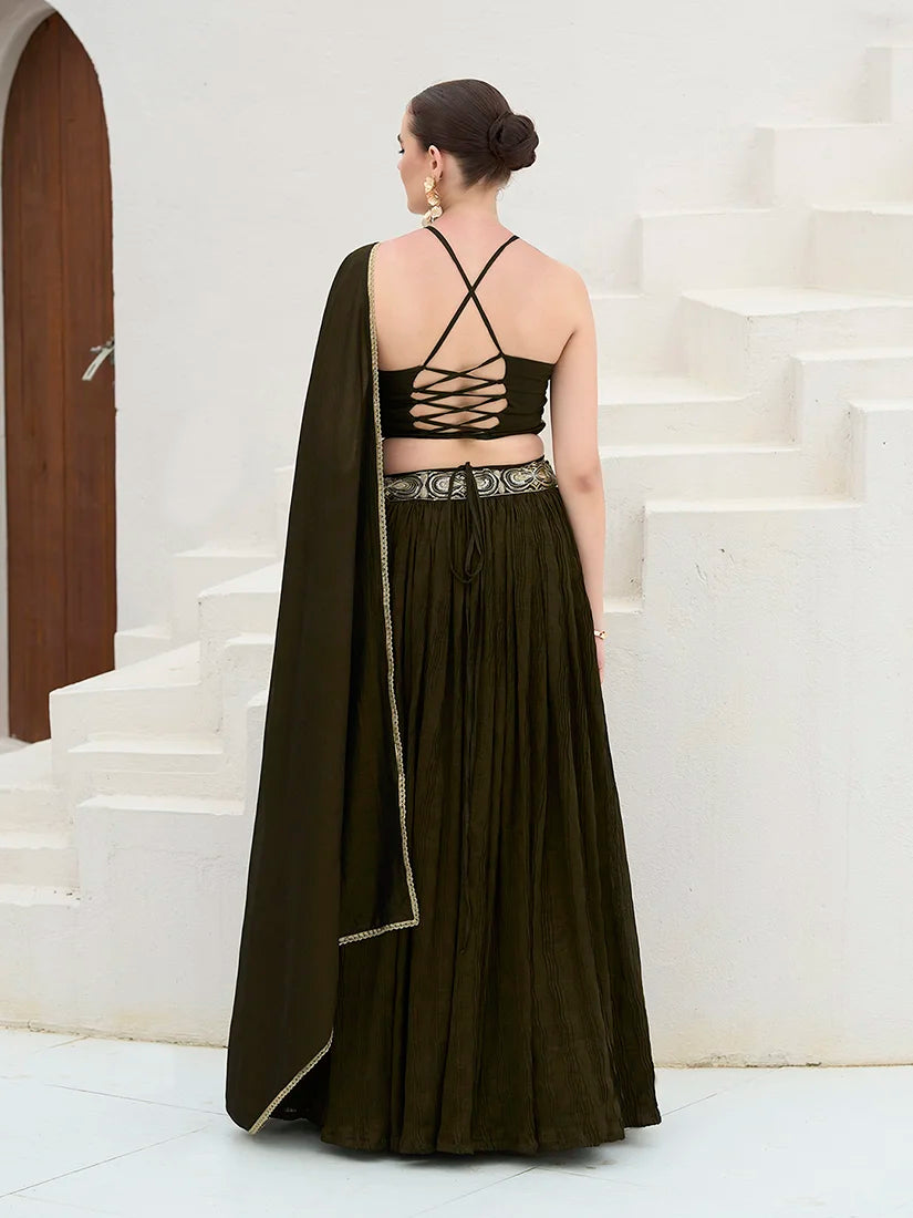 Olive Silk Blend Halter Lehenga Choli, back
