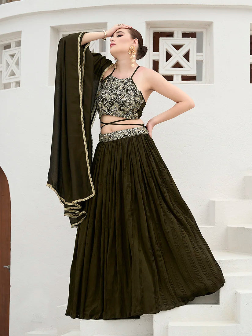 Olive Silk Blend Halter Lehenga Choli, styled on model