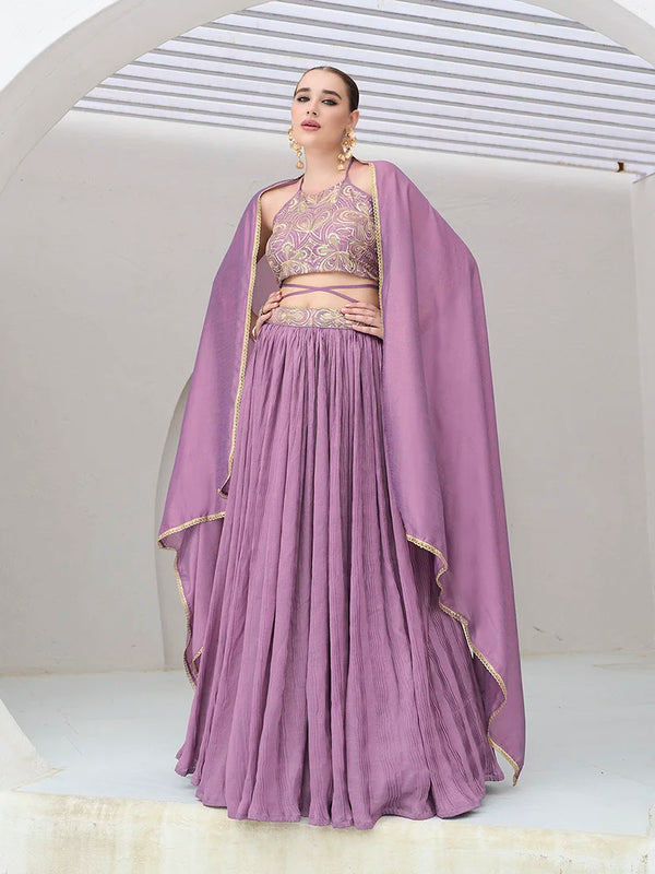 Lavender Silk Blend Halter Lehenga Choli, front
