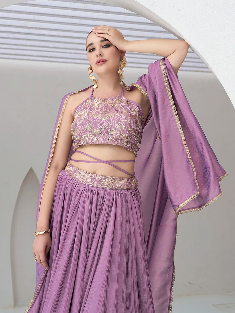 Lavender Silk Blend Halter Lehenga Choli, choli detail