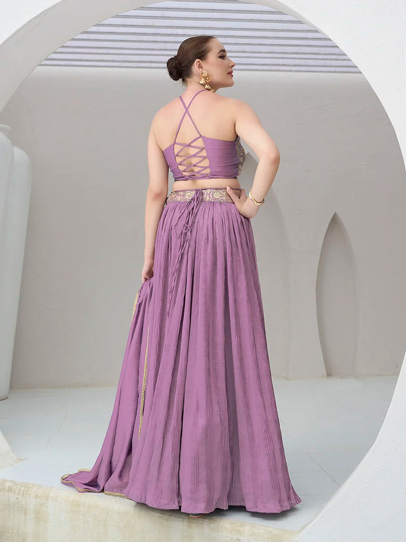 Lavender Silk Blend Halter Lehenga Choli, back