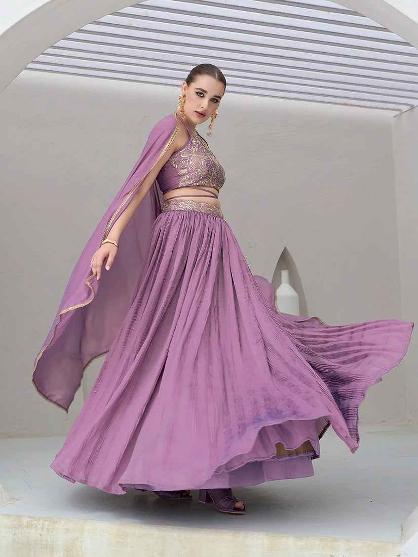 Lavender Silk Blend Halter Lehenga Choli, styled on model