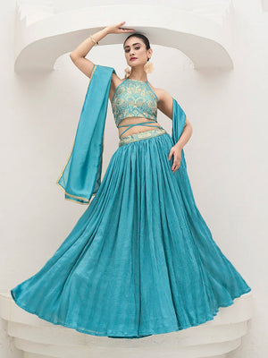 Sky Blue Silk Blend Halter Lehenga Choli