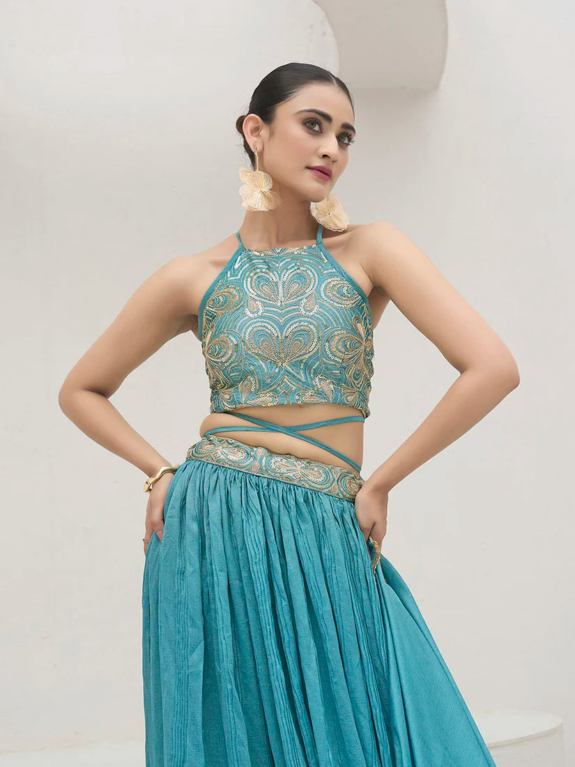 Sky Blue Silk Blend Halter Lehenga Choli, choli detail